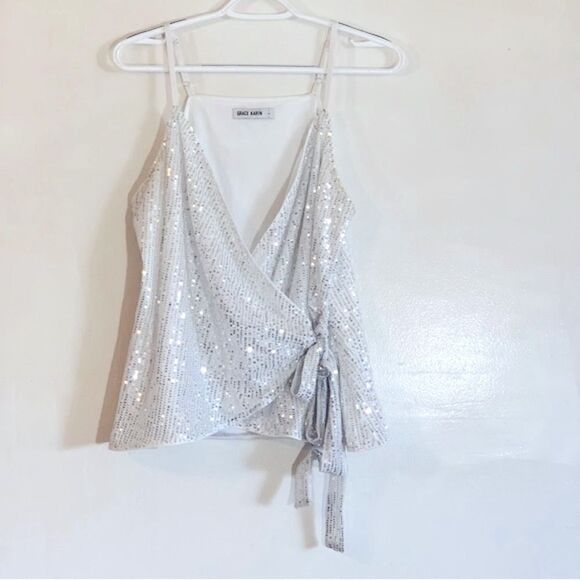 Grace Karin Shimmering Sequin Blouse Lined White Sequins Tie Front Sz Large - Picture 2 of 5